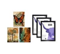 Artery8 Botanical Autumn Wall Art - Set of 3 A4 Sized Art with Black Frames - Orange and Greens Butterfly Ferns Trees