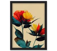 Artery8 Botanical Bold Flowering Yellow Red Teal Artwork Framed Wall Art Print A4 in Black Artery8 Black
