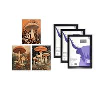 Artery8 Botanical Fungi Wall Art - Set of 3 A4 Sized Art with Black Frames - Mushroom Paintings Earthy Flora Fauna Nature