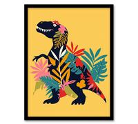 Artery8 Botanical T Rex Dinosaur Bright Graphic Collage Framed Art Print | Size: W12" x H16" Artery8 Multicolor W12" x H16"