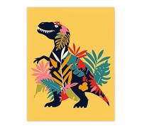 Artery8 Botanical T Rex Dinosaur Bright Graphic Collage Kids Bedroom Nursery Extra Large XL Wall Art Poster Print
