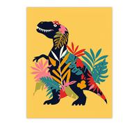 Artery8 Botanical T Rex Dinosaur Bright Graphic Collage Wall Art Print | Size: W12" x H16" Artery8 Multicolor W12" x H16"