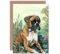 Artery8 Boxer Dog in Flower Field Colourful Watercolour Illustration Art Birthday Sealed Greeting Card Plus Envelope Blank inside