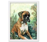 Boxer Dog in Flower Field Colourful Watercolour Illustration Artwork Framed Wall Art Print A4 Artery8 White One Size