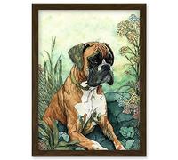 Boxer Dog in Flower Field Colourful Watercolour Illustration Artwork Framed Wall Art Print A4 Artery8 Brown One Size