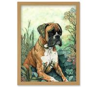 Artery8 Boxer Dog in Flower Field Colourful Watercolour Illustration Artwork Framed Wall Art Print A4