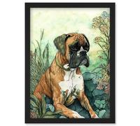Artery8 Boxer Dog in Flower Field Colourful Watercolour Illustration Artwork Framed Wall Art Print A4