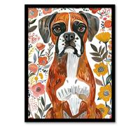 Boxer Dog Lover Watercolour Floral Portrait Framed Wall Art Artery8 Multi A4