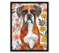 Artery8 Boxer Dog Lover Watercolour Floral Portrait Living Room Artwork Framed Wall Art Print A4