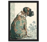 Artery8 Boxer Dog with Floral Pattern Fur Coat Modern Watercolour and Ink Illustration Artwork Framed A3 Wall Art Print
