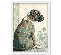 Boxer Dog with Floral Pattern Fur Coat Modern Watercolour and Ink Illustration Artwork Framed Wall Art Print A4 Artery8 White One Size