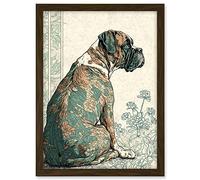 Artery8 Boxer Dog with Floral Pattern Fur Coat Modern Watercolour and Ink Illustration Artwork Framed A3 Wall Art Print