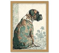 Boxer Dog with Floral Pattern Fur Coat Modern Watercolour and Ink Illustration Artwork Framed Wall Art Print A4 Artery8 Light Oak One Size