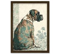 Boxer Dog with Floral Pattern Fur Coat Modern Watercolour and Ink Illustration Artwork Framed Wall Art Print A4 Artery8 Brown One Size