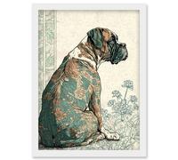 Boxer Dog with Floral Pattern Fur Coat Modern Watercolour and Ink Illustration Artwork Framed Wall Art Print A4 Artery8 White One Size