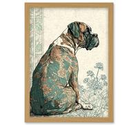 Artery8 Boxer Dog with Floral Pattern Fur Coat Modern Watercolour and Ink Illustration Artwork Framed Wall Art Print A4