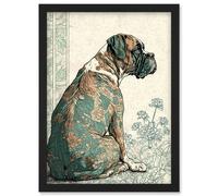 Artery8 Boxer Dog with Floral Pattern Fur Coat Modern Watercolour & Ink Illustration Artwork Framed Wall Art Print A4 in Black Artery8 Black