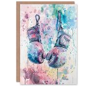 Artery8 Greeting Card Boxing Gloves Pastel Watercolour Splash Painting Blank For All Him Or Her Art Birthday Card