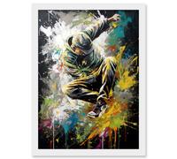 Artery8 Break Dancer B-Boy Dancing Splatter Paint Portrait Artwork Framed Wall Art Print A4 in White Artery8 White