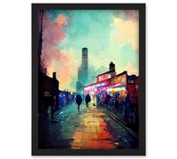 Artery8 Brick Lane London 1960's Night Street Scene Oil Painting Artwork Framed Wall Art Print A4 in Black Artery8 Black