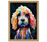 Artery8 Bright Abstract Colourful Dog Spaniel Cavapoo Cockapoo Artwork Framed Wall Art Print A4 in Light Oak Artery8 Light Oak