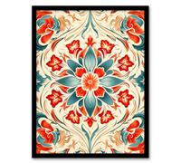 Artery8 Bright Arabesque Flower Design Red Blue Cream Ornate Symmetrical Floral Pattern Artwork Framed Wall Art Print A4