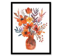 Artery8 Bright Autumnal Flower Bouquet Vase Watercolour Framed Wall Art in Orange | Size: W12" x H16" Artery8 Orange W12" x H16"