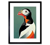 Artery8 Bright Bold Colourful Atlantic Puffin Bird Artwork Framed Art Print in Blue | Size: W12" x H16" Artery8 Blue W12" x H16"