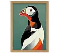 Artery8 Bright Bold Colourful Atlantic Puffin Bird Portrait Artwork Framed Wall Art Print A4 in Light Oak Artery8 Light Oak