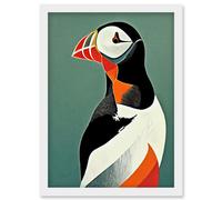 Artery8 Bright Bold Colourful Atlantic Puffin Bird Portrait Artwork Framed Wall Art Print A4 in White Artery8 White