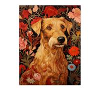 Artery8 Bright & Bold Flowers Golden Terrier Dog On Elegant Floral Backdrop William Morris Style Pattern Artwork Unframed Wall Art Print Poster Home Artery8 Multicolor W12" x H16"