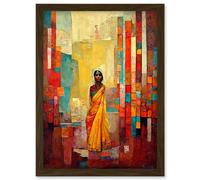 Artery8 Bright Bold Woman Yellow Saree Sari Hindu Muslim Skirt Dress Painting Artwork Framed Wall Art Print A4 in Brown Artery8 Brown
