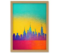 Wee Blue Coo Bright Colourful Abstract New York Skyline Cityscape Yellow Blue Coral Turquoise Artwork Framed Wall Art Print A4
