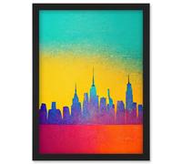 Bright Colourful Abstract New York Skyline Cityscape Yellow Blue Coral Turquoise Artwork Framed Wall Art Print A4 Artery8 Black One Size