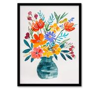 Artery8 Bright Colourful Flower Bouquet Vase Watercolour Living Room Artwork Framed Wall Art Print 18X24 Inch