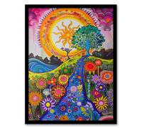 Artery8 Bright Colourful Hippy Artwork Flowers Sun Trees Living Room Artwork Framed Wall Art Print A4
