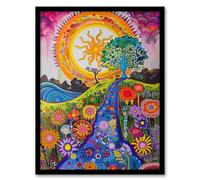 Artery8 Bright Colourful Hippy Artwork Flowers Sun Trees Living Room Artwork Framed Wall Art Print A4