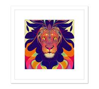 Artery8 Bright Colourful Multicoloured New Age Folk Style Lion Portrait Illustration Square Wooden Framed Wall Art Print Picture 8X8 Inch in White Artery8 White
