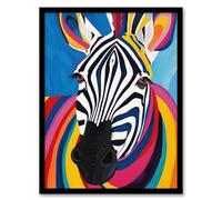Artery8 Bright Colourful Zebra Portrait Multicoloured Pop Living Room Artwork Framed Wall Art Print A4