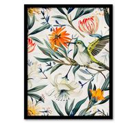 Artery8 Bright Exotic Flower Pattern with Hummingbird Framed Art Print in Green | Size: A4 Artery8 Green A4
