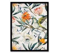 Artery8 Bright Exotic Flower Pattern with Hummingbird Living Room Artwork Framed Wall Art Print A4