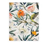 Bright Exotic Flower Pattern with Hummingbird Wall Art Print Artery8 Green W24 inch x H32 inch