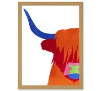 Wee Blue Coo Bright Highland Scottish Cow Bull Coo Colourful Artwork Framed Wall Art Print A4