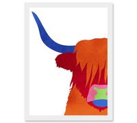 Artery8 Bright Highland Scottish Cow Bull Coo Colourful Artwork Framed Wall Art Print A4 in White Artery8 White
