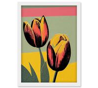 Artery8 Bright Modern Silkscreen Tulip Blooms Stencil Dusky Pink Sage Green Mustard Yellow Artwork Framed Wall Art Print A4 in White Artery8 White