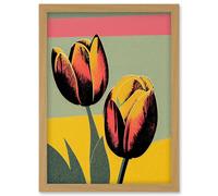 Bright Modern Silkscreen Tulip Blooms Stencil Dusky Pink Sage Green Mustard Yellow Artwork Framed Wall Art Print A4 Artery8 Light Oak One Size