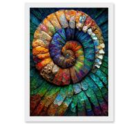 Artery8 Bright Multicoloured Ammonite Fossil Artwork Framed Wall Art Print A4 in White Artery8 White