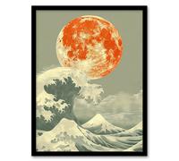 Artery8 Bright Orange Moon Over Ocean Waves Japanese Edo Framed Art Print | Size: W12" x H16" Artery8 Orange W12" x H16"