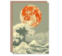 Artery8 Bright Orange Moon Over Ocean Waves Japanese Edo Greeting Birthday Card Him Her All Blank