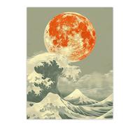 Artery8 Bright Orange Moon Over Ocean Waves Japanese Edo Wall Art Print | Size: W12" x H16" Artery8 Orange W12" x H16"